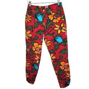 Vintage Moschino Jeans 1990s Red Floral Print High Rise Straight Leg Jeans 32